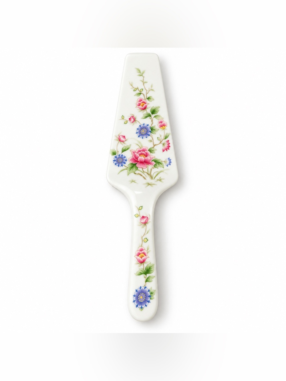 Andrea By Sadek White Porcelain Cake Server with Pink & Blue Floral Motif